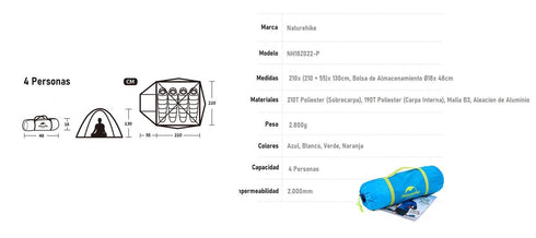 Carpa para 4 Personas Ultraligera con Sobrecarpa Naturehike P-series